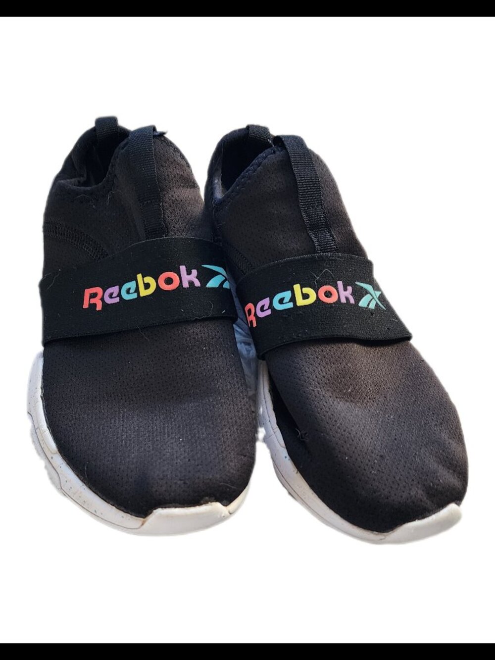3/$15 - Reebok Kids Black Slip On Sneakers Colorful Rainbow Logo - Girls Size 4